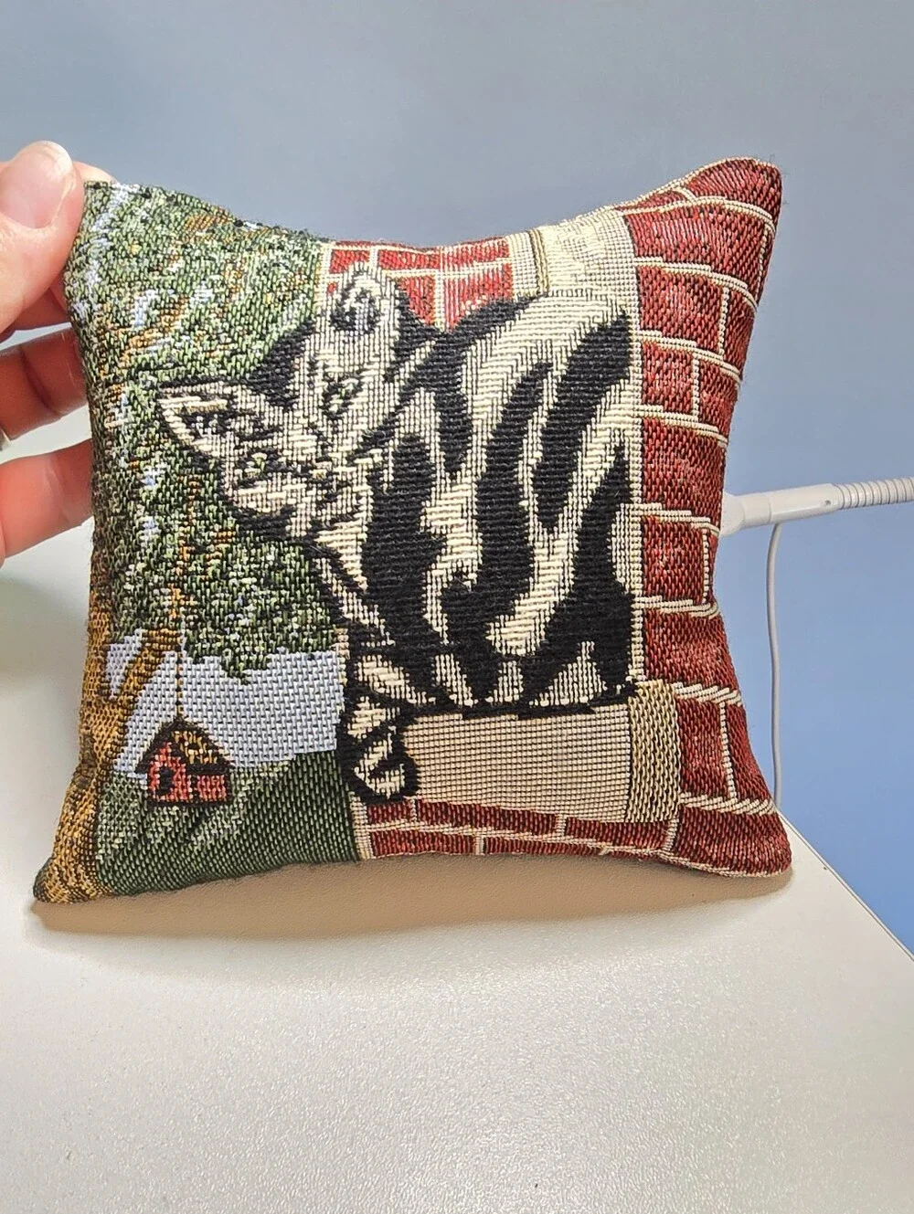 Decorative Small Cat Pillow Tapestry Square Black Fabric Back *READ*